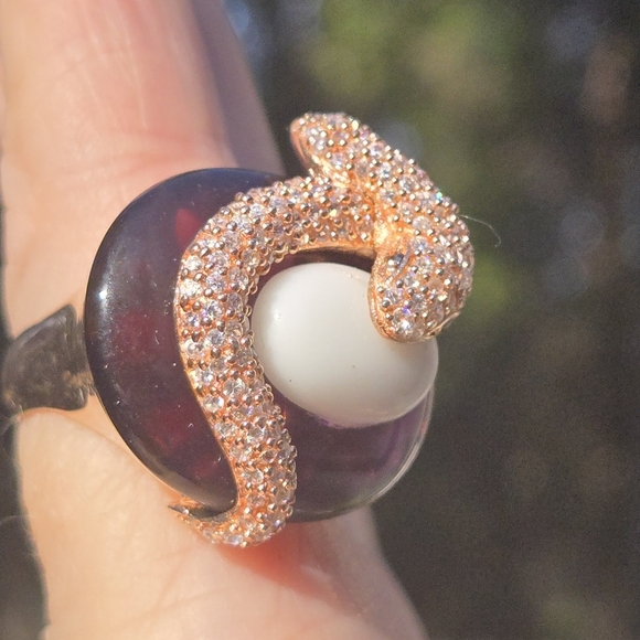 White Sapphire Black Onyx Blown Glass Sterling & Gold Snake Statement Ring Sz8.7 - Picture 9 of 13